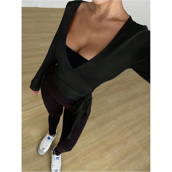 Women Long Sleeve Yoga Top Wrap V Neck Slim Fit Activewear Medium - Picture 3 of 5